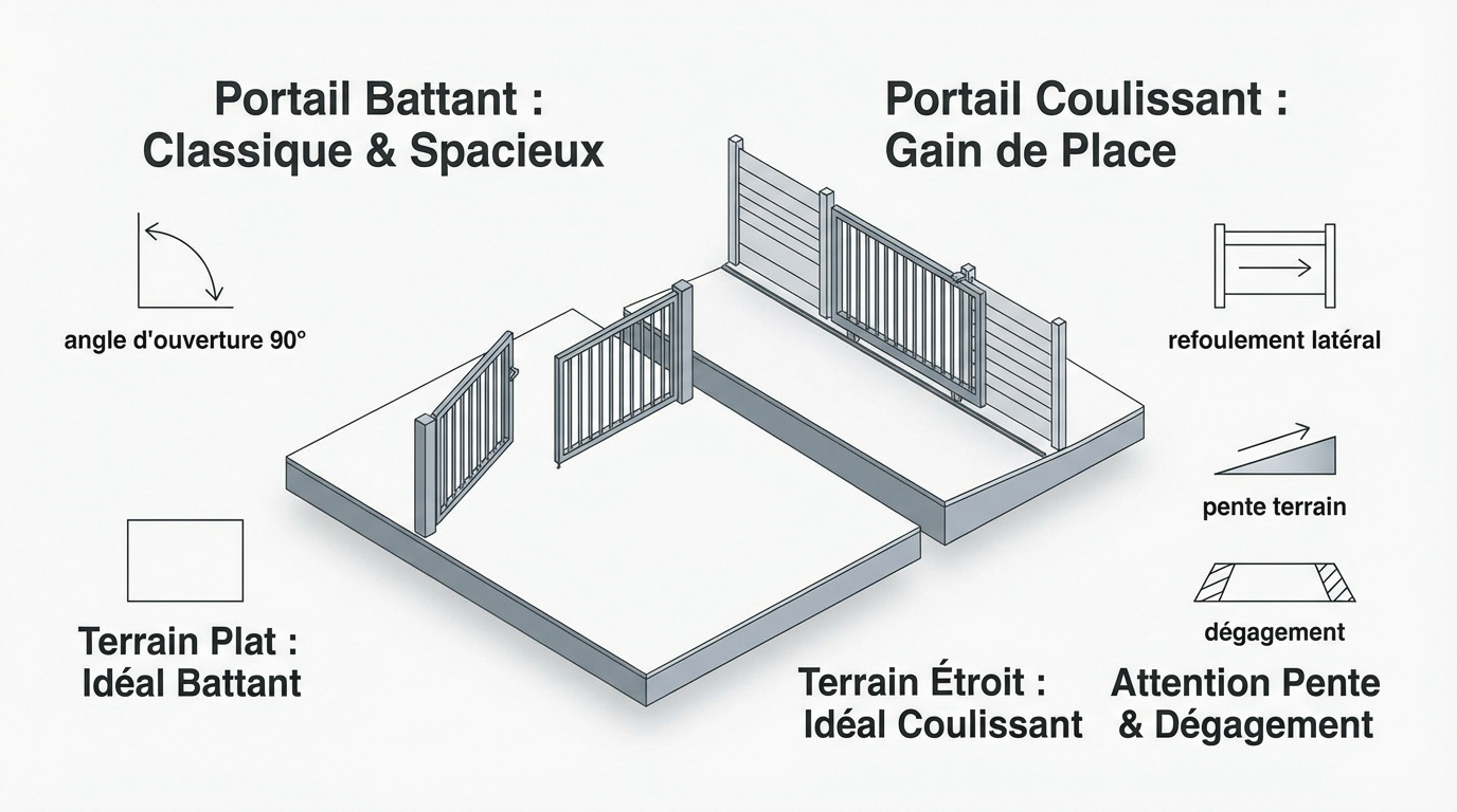 Comparaison technique entre un portail battant et un portail coulissant pour l'entrée d'une maison